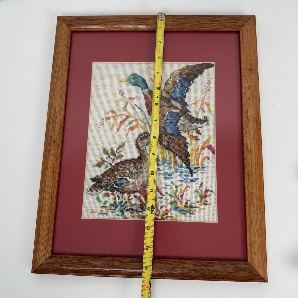 VTG Handmade‎ Mallard Ducks Cross-Stitch Matted Wood Frame Estate Sale Find - Picture 6 of 7
